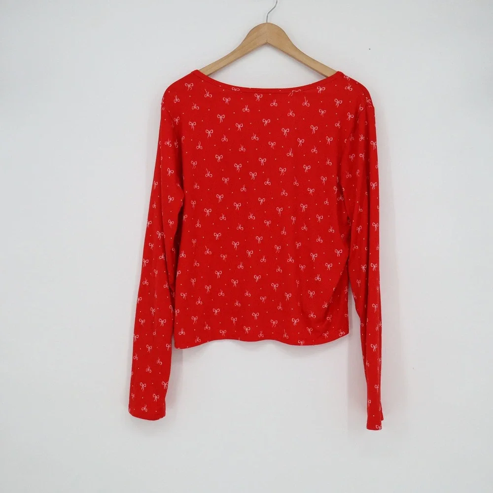 Colsie Red White Bow Print V-Neck Long Sleeve Pajama Top Large Cropped Lounge L